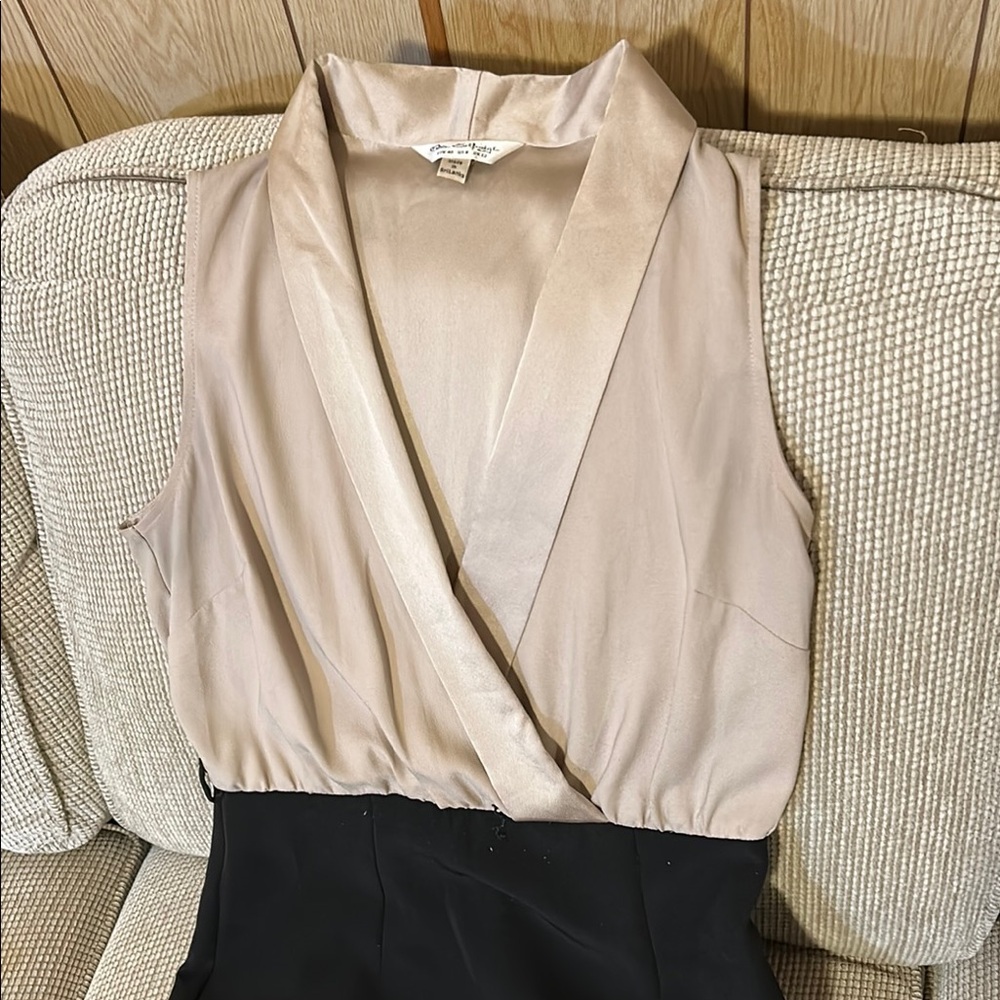 Elegant Beige and Black Sleeveless Blouse Dress